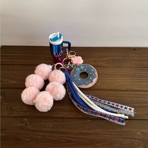 Pink Pom Pom & Donut Tassel Keychain with Blue Tumbler Charm